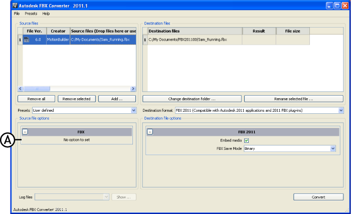 FBX Converter A. Source file options. In this case, no options are offered.