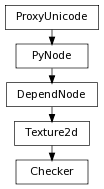 digraph inheritance38c076fef9 {
rankdir=TB;
ranksep=0.15;
nodesep=0.15;
size="8.0, 12.0";
  "DependNode" [fontname=Vera Sans, DejaVu Sans, Liberation Sans, Arial, Helvetica, sans,URL="pymel.core.nodetypes.DependNode.html#pymel.core.nodetypes.DependNode",style="setlinewidth(0.5)",height=0.25,shape=box,fontsize=8];
  "PyNode" -> "DependNode" [arrowsize=0.5,style="setlinewidth(0.5)"];
  "Texture2d" [fontname=Vera Sans, DejaVu Sans, Liberation Sans, Arial, Helvetica, sans,URL="pymel.core.nodetypes.Texture2d.html#pymel.core.nodetypes.Texture2d",style="setlinewidth(0.5)",height=0.25,shape=box,fontsize=8];
  "DependNode" -> "Texture2d" [arrowsize=0.5,style="setlinewidth(0.5)"];
  "PyNode" [fontname=Vera Sans, DejaVu Sans, Liberation Sans, Arial, Helvetica, sans,URL="../pymel.core.general/pymel.core.general.PyNode.html#pymel.core.general.PyNode",style="setlinewidth(0.5)",height=0.25,shape=box,fontsize=8];
  "ProxyUnicode" -> "PyNode" [arrowsize=0.5,style="setlinewidth(0.5)"];
  "Checker" [fontname=Vera Sans, DejaVu Sans, Liberation Sans, Arial, Helvetica, sans,URL="#pymel.core.nodetypes.Checker",style="setlinewidth(0.5)",height=0.25,shape=box,fontsize=8];
  "Texture2d" -> "Checker" [arrowsize=0.5,style="setlinewidth(0.5)"];
  "ProxyUnicode" [fontname=Vera Sans, DejaVu Sans, Liberation Sans, Arial, Helvetica, sans,URL="../pymel.util.utilitytypes/pymel.util.utilitytypes.ProxyUnicode.html#pymel.util.utilitytypes.ProxyUnicode",style="setlinewidth(0.5)",height=0.25,shape=box,fontsize=8];
}