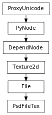 digraph inheritance1ed44d4b46 {
rankdir=TB;
ranksep=0.15;
nodesep=0.15;
size="8.0, 12.0";
  "File" [fontname=Vera Sans, DejaVu Sans, Liberation Sans, Arial, Helvetica, sans,URL="pymel.core.nodetypes.File.html#pymel.core.nodetypes.File",style="setlinewidth(0.5)",height=0.25,shape=box,fontsize=8];
  "Texture2d" -> "File" [arrowsize=0.5,style="setlinewidth(0.5)"];
  "Texture2d" [fontname=Vera Sans, DejaVu Sans, Liberation Sans, Arial, Helvetica, sans,URL="pymel.core.nodetypes.Texture2d.html#pymel.core.nodetypes.Texture2d",style="setlinewidth(0.5)",height=0.25,shape=box,fontsize=8];
  "DependNode" -> "Texture2d" [arrowsize=0.5,style="setlinewidth(0.5)"];
  "PyNode" [fontname=Vera Sans, DejaVu Sans, Liberation Sans, Arial, Helvetica, sans,URL="../pymel.core.general/pymel.core.general.PyNode.html#pymel.core.general.PyNode",style="setlinewidth(0.5)",height=0.25,shape=box,fontsize=8];
  "ProxyUnicode" -> "PyNode" [arrowsize=0.5,style="setlinewidth(0.5)"];
  "PsdFileTex" [fontname=Vera Sans, DejaVu Sans, Liberation Sans, Arial, Helvetica, sans,URL="#pymel.core.nodetypes.PsdFileTex",style="setlinewidth(0.5)",height=0.25,shape=box,fontsize=8];
  "File" -> "PsdFileTex" [arrowsize=0.5,style="setlinewidth(0.5)"];
  "ProxyUnicode" [fontname=Vera Sans, DejaVu Sans, Liberation Sans, Arial, Helvetica, sans,URL="../pymel.util.utilitytypes/pymel.util.utilitytypes.ProxyUnicode.html#pymel.util.utilitytypes.ProxyUnicode",style="setlinewidth(0.5)",height=0.25,shape=box,fontsize=8];
  "DependNode" [fontname=Vera Sans, DejaVu Sans, Liberation Sans, Arial, Helvetica, sans,URL="pymel.core.nodetypes.DependNode.html#pymel.core.nodetypes.DependNode",style="setlinewidth(0.5)",height=0.25,shape=box,fontsize=8];
  "PyNode" -> "DependNode" [arrowsize=0.5,style="setlinewidth(0.5)"];
}