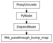 digraph inheritancecce1aa2044 {
rankdir=TB;
ranksep=0.15;
nodesep=0.15;
size="8.0, 12.0";
  "Mib_passthrough_bump_map" [fontname=Vera Sans, DejaVu Sans, Liberation Sans, Arial, Helvetica, sans,URL="#pymel.core.nodetypes.Mib_passthrough_bump_map",style="setlinewidth(0.5)",height=0.25,shape=box,fontsize=8];
  "DependNode" -> "Mib_passthrough_bump_map" [arrowsize=0.5,style="setlinewidth(0.5)"];
  "DependNode" [fontname=Vera Sans, DejaVu Sans, Liberation Sans, Arial, Helvetica, sans,URL="pymel.core.nodetypes.DependNode.html#pymel.core.nodetypes.DependNode",style="setlinewidth(0.5)",height=0.25,shape=box,fontsize=8];
  "PyNode" -> "DependNode" [arrowsize=0.5,style="setlinewidth(0.5)"];
  "ProxyUnicode" [fontname=Vera Sans, DejaVu Sans, Liberation Sans, Arial, Helvetica, sans,URL="../pymel.util.utilitytypes/pymel.util.utilitytypes.ProxyUnicode.html#pymel.util.utilitytypes.ProxyUnicode",style="setlinewidth(0.5)",height=0.25,shape=box,fontsize=8];
  "PyNode" [fontname=Vera Sans, DejaVu Sans, Liberation Sans, Arial, Helvetica, sans,URL="../pymel.core.general/pymel.core.general.PyNode.html#pymel.core.general.PyNode",style="setlinewidth(0.5)",height=0.25,shape=box,fontsize=8];
  "ProxyUnicode" -> "PyNode" [arrowsize=0.5,style="setlinewidth(0.5)"];
}