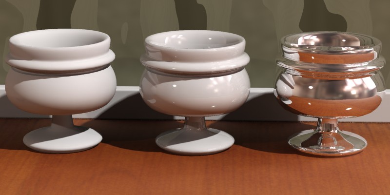 反射なし（左）、角度に依存（中央）、一定（右）