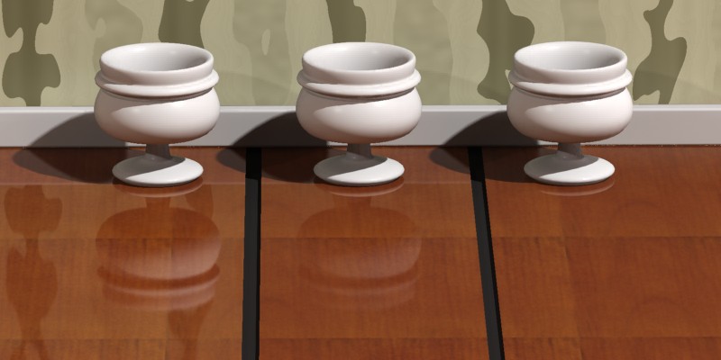 完全反射（左）、100mm 以降減衰（中央）、25mm 以降減衰（右）