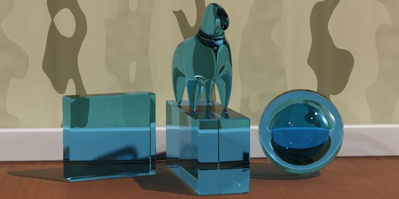 refr_color（屈折のカラー）を青に設定し、サーフェスで色が変化したガラス