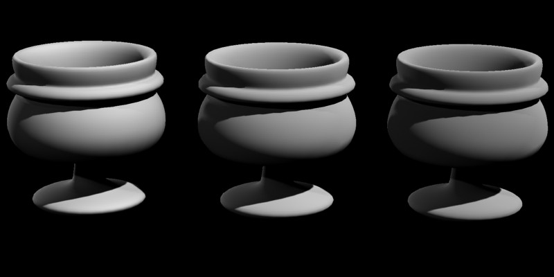 Diffuse Roughness（粗さ）0.0（左）、0.5（中央）、1.0（右）