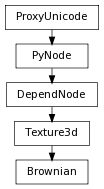 digraph inheritance1be8d52964 {
rankdir=TB;
ranksep=0.15;
nodesep=0.15;
size="8.0, 12.0";
  "DependNode" [fontname=Vera Sans, DejaVu Sans, Liberation Sans, Arial, Helvetica, sans,URL="pymel.core.nodetypes.DependNode.html#pymel.core.nodetypes.DependNode",style="setlinewidth(0.5)",height=0.25,shape=box,fontsize=8];
  "PyNode" -> "DependNode" [arrowsize=0.5,style="setlinewidth(0.5)"];
  "Texture3d" [fontname=Vera Sans, DejaVu Sans, Liberation Sans, Arial, Helvetica, sans,URL="pymel.core.nodetypes.Texture3d.html#pymel.core.nodetypes.Texture3d",style="setlinewidth(0.5)",height=0.25,shape=box,fontsize=8];
  "DependNode" -> "Texture3d" [arrowsize=0.5,style="setlinewidth(0.5)"];
  "PyNode" [fontname=Vera Sans, DejaVu Sans, Liberation Sans, Arial, Helvetica, sans,URL="../pymel.core.general/pymel.core.general.PyNode.html#pymel.core.general.PyNode",style="setlinewidth(0.5)",height=0.25,shape=box,fontsize=8];
  "ProxyUnicode" -> "PyNode" [arrowsize=0.5,style="setlinewidth(0.5)"];
  "Brownian" [fontname=Vera Sans, DejaVu Sans, Liberation Sans, Arial, Helvetica, sans,URL="#pymel.core.nodetypes.Brownian",style="setlinewidth(0.5)",height=0.25,shape=box,fontsize=8];
  "Texture3d" -> "Brownian" [arrowsize=0.5,style="setlinewidth(0.5)"];
  "ProxyUnicode" [fontname=Vera Sans, DejaVu Sans, Liberation Sans, Arial, Helvetica, sans,URL="../pymel.util.utilitytypes/pymel.util.utilitytypes.ProxyUnicode.html#pymel.util.utilitytypes.ProxyUnicode",style="setlinewidth(0.5)",height=0.25,shape=box,fontsize=8];
}