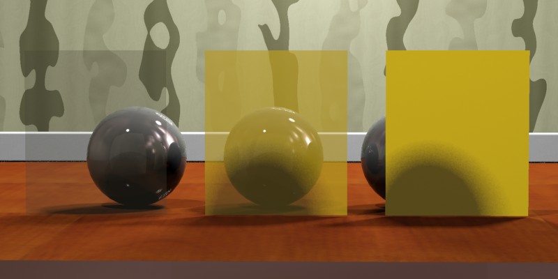 A <b>transparency</b> of 0.75 and a <b>refr_trans_w</b> of 0.0 (left), 0.5 (center) and 1.0 (right)